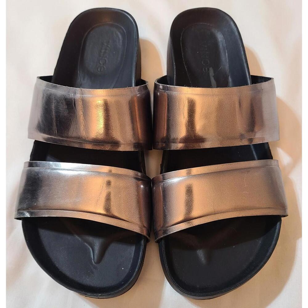 Vince Orion Metallic Silver Double Strap Slide Sandals Womens Fits Size 7-7.5